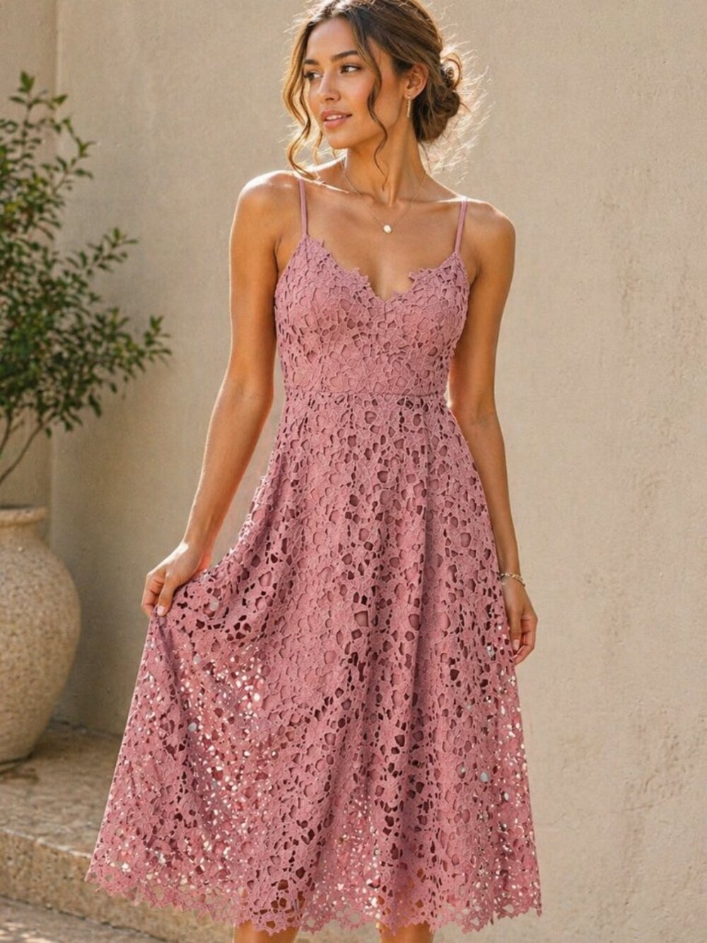 ASTR the Label Lace Midi Dress Pink Spaghetti Strap Fit Flare Boho Size S